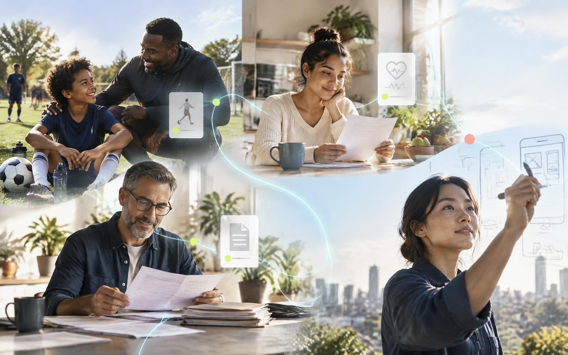Real-life football, health, legal and product-building moments connected by a luminous path